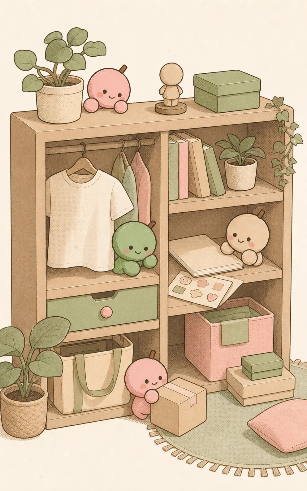Dango characters exploring a shelf of everyday collectibles